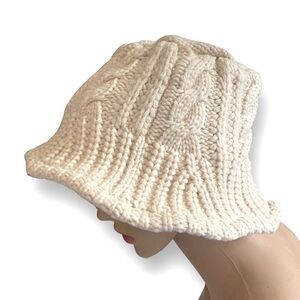 Crochet Knit Bucket Hat Solid Color Beige Fits Large X Large Neutral Warm Knit
